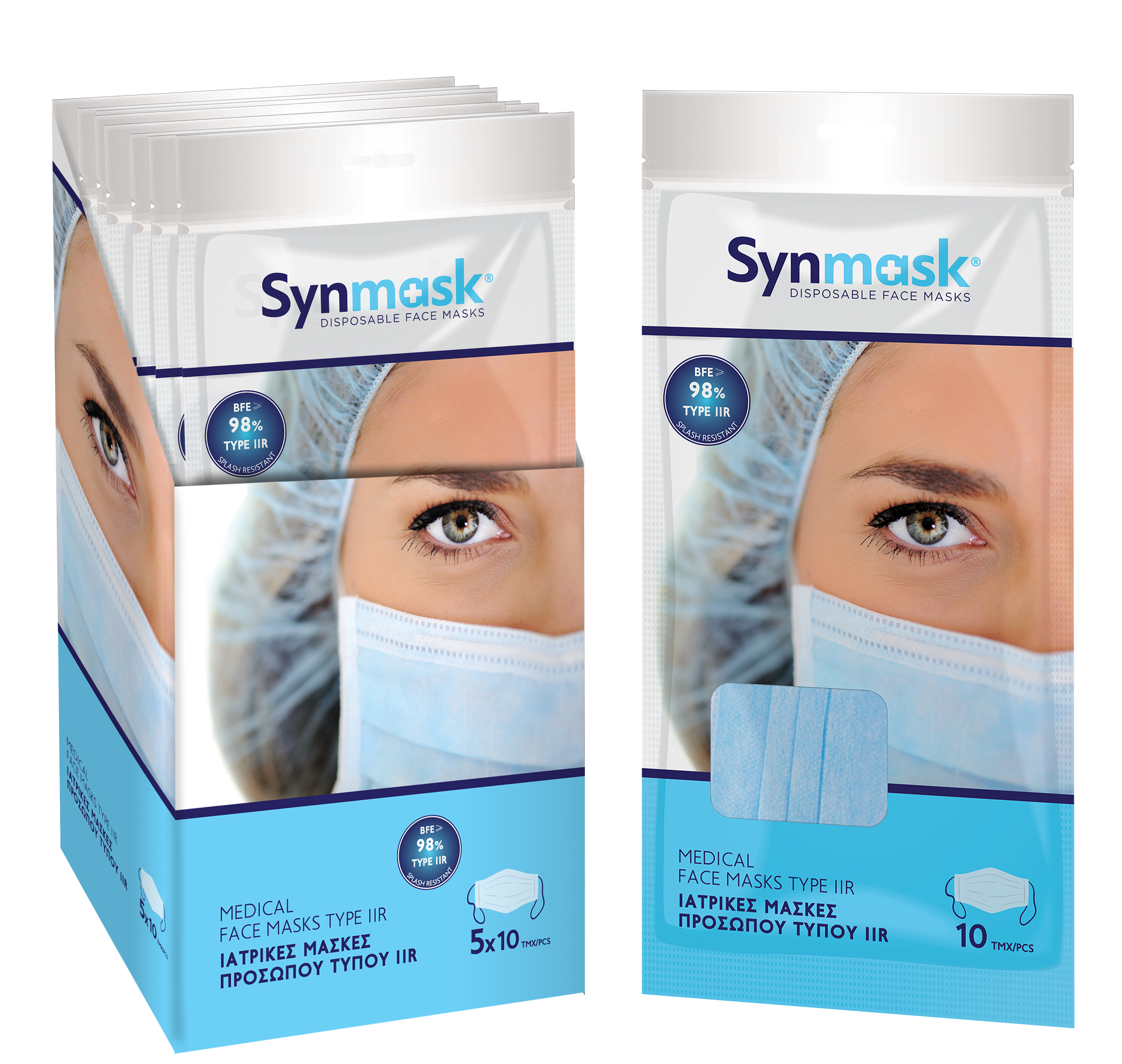 Surgical Masks Synmask 3ply Type IIR BFE>98% Display Box 5x10pcs